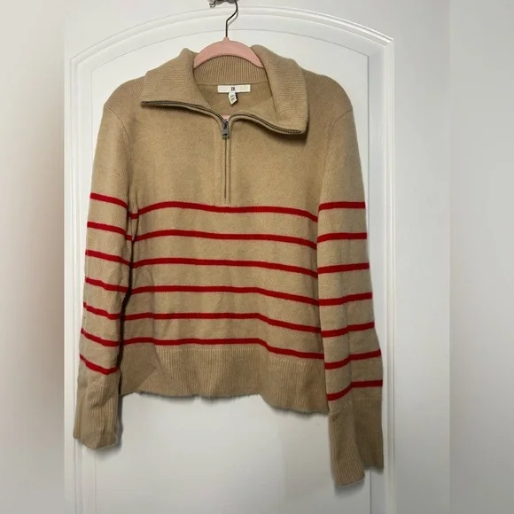 Banana Republic Cream Striped 100% Cashmere Quarter-Zip sweater size Medium chic - Picture 2 of 11